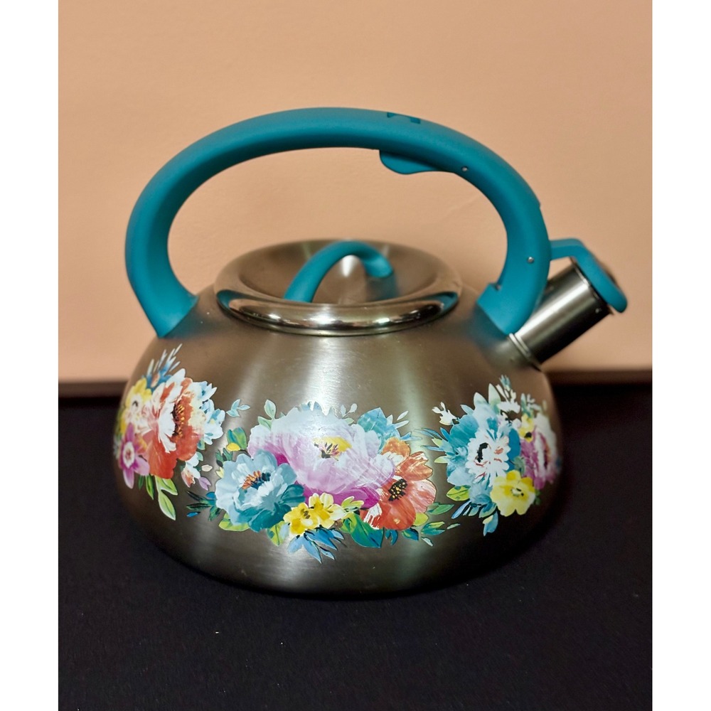 Pioneer Woman Sweet Romance Stainless Steel Whistling Tea Kettle Teal Handle